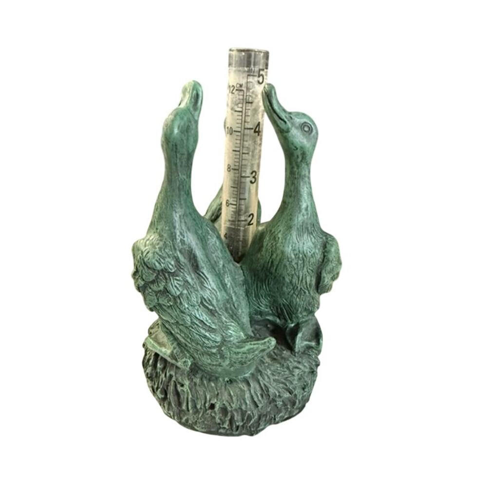 Vintage 3 Circle Geese Duck Verdigris Green Rain Gauge Garden Decor Glass Tube